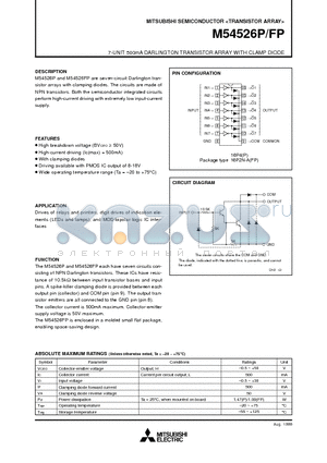 M54526P datasheet - 7-UNIT 500mA DARLINGTON TRANSISTOR ARRAY WITH CLAMP DIODE