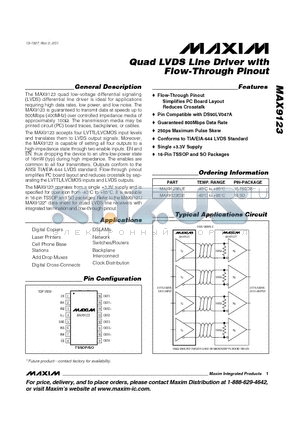 MAX9123 datasheet - Quad LVDS Line Driver with Flow-Through Pinout