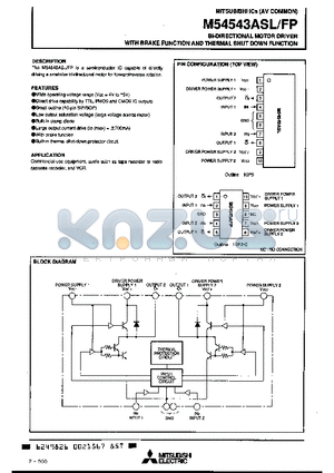 M54543AFP datasheet - BI-DIRECTIONAL MOTOR DRIVER WITH BRAKE FUNCTION AND THERMAL SHUT DOWN FUNCTION