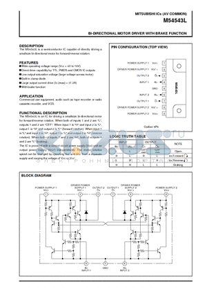 M54543L datasheet - Bi-DIRECTIONAL MOTOR DRIVER WITH BRAKE FUNCTION