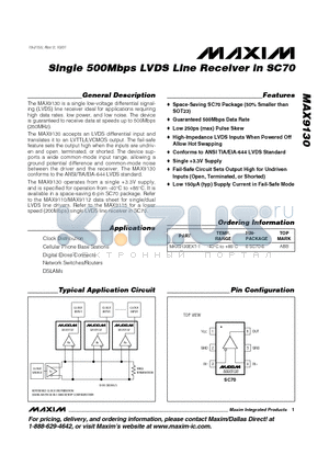 MAX9130 datasheet - Single 500Mbps LVDS Line Receiver in SC70