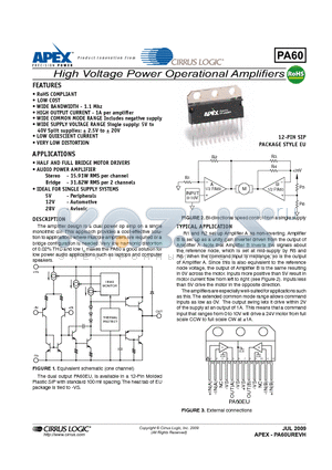 PA60 datasheet - High Voltage Power Operational Amplifiers