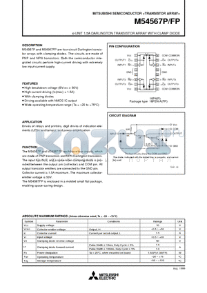 M54567P datasheet - 4-UNIT 1.5A DARLINGTON TRANSISTOR ARRAY WITH CLAMP DIODE