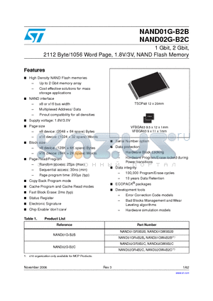 NAND01G-B2B datasheet - 1 Gbit, 2 Gbit, 2112 Byte/1056 Word Page, 1.8V/3V, NAND Flash Memory