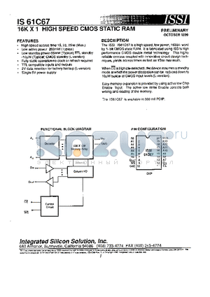 IS61C67-L15N datasheet - 16K X 1 HIGH SPEED CMOS STATIC RAM