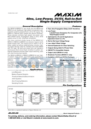 MAX9141EKA-T datasheet - 40ns, Low-Power, 3V/5V, Rail-to-Rail Single-Supply Comparators