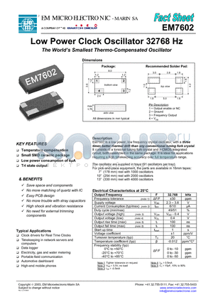 EM7602 datasheet - Low Power Clock Oscillator 32768 Hz
