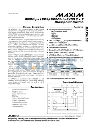 MAX9152ESE datasheet - 800Mbps LVDS/LVPECL-to-LVDS 2 x 2 Crosspoint Switch