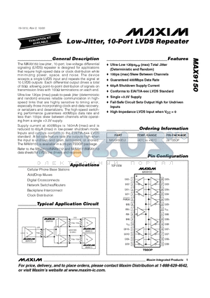 MAX9150 datasheet - Low-Jitter, 10-Port LVDS Repeater