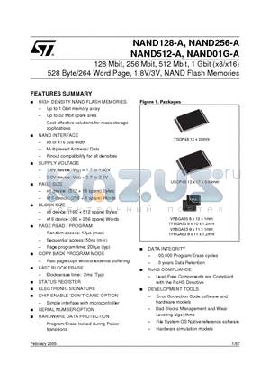 NAND01GR3A0AV6 datasheet - 128 Mbit, 256 Mbit, 512 Mbit, 1 Gbit (x8/x16) 528 Byte/264 Word Page, 1.8V/3V, NAND Flash Memories