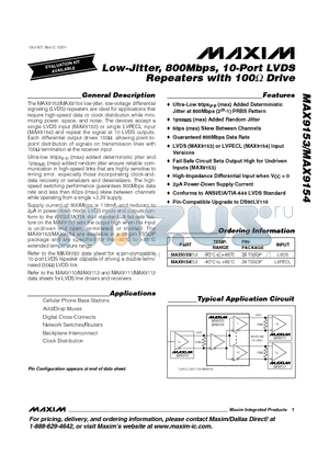 MAX9154EUI datasheet - Low-Jitter, 800Mbps, 10-Port LVDS Repeaters with 100 Drive