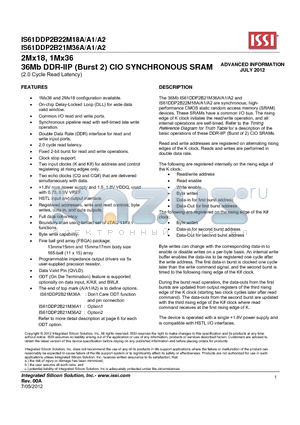 IS61DDP2B22M18A datasheet - 2Mx18, 1Mx36 36Mb DDR-IIP (Burst 2) CIO SYNCHRONOUS SRAM