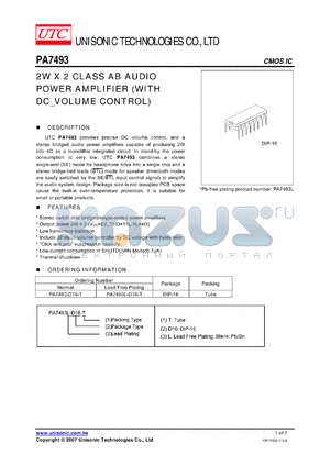 PA7493-D16-T datasheet - 2W X 2 CLASS AB AUDIO POWER AMPLIFIER (WITH DC_VOLUME CONTROL)