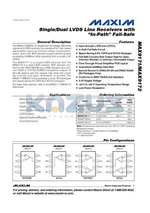 MAX9172ETA datasheet - Single/Dual LVDS Line Receivers with In-Path Fail-Safe