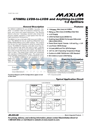 MAX9174ETB datasheet - 670MHz LVDS-to-LVDS and Anything-to-LVDS 1:2 Splitters