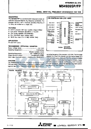 M54939FP datasheet - SERIAL INPUT PLL FREQUENCY SYNTHESIZER FOR VCR