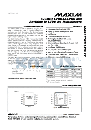 MAX9176EUB datasheet - 670MHz LVDS-to-LVDS and Anything-to-LVDS 2:1 Multiplexers