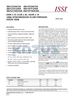 IS61LF102418A-7.5TQI datasheet - 256K x 72, 512K x 36, 1024K x 18 18Mb SYNCHRONOUS FLOW-THROUGH STATIC RAM