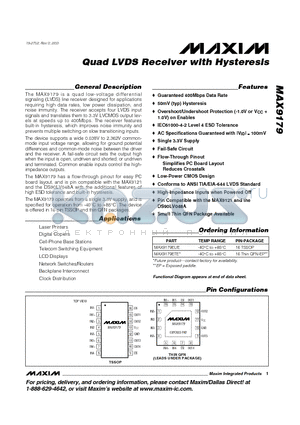 MAX9179 datasheet - Quad LVDS Receiver with Hysteresis