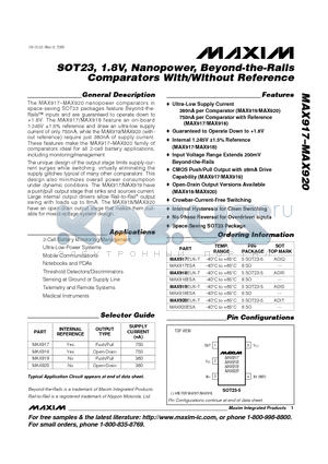 MAX919EUK-T datasheet - SOT23, 1.8V, Nanopower, Beyond-the-Rails Comparators With/Without Reference