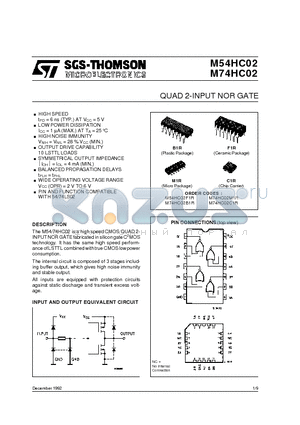 M54HC02F1R datasheet - QUAD 2-INPUT NOR GATE