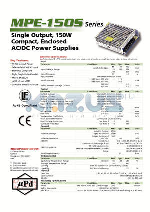 MPE-150S-48 datasheet - Single Output, 150W Compact, Enclosed AC/DC Power Supplies