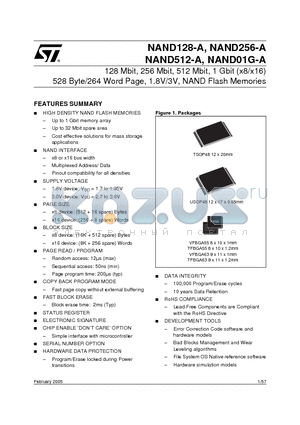 NAND01GR3A2AN6T datasheet - 128 Mbit, 256 Mbit, 512 Mbit, 1 Gbit (x8/x16) 528 Byte/264 Word Page, 1.8V/3V, NAND Flash Memories