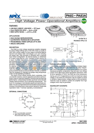 PA83 datasheet - High Voltage Power Operational Amplifiers