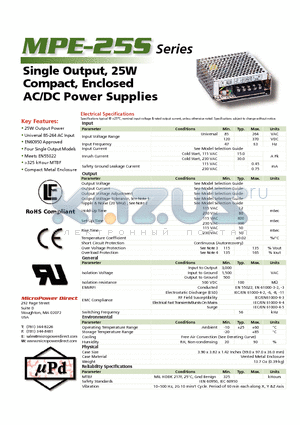 MPE-25S-24 datasheet - Single Output, 25W Compact, Enclosed AC/DC Power Supplies