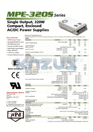 MPE-320S-15 datasheet - Single Output, 320W Compact, Enclosed AC/DC Power Supplies