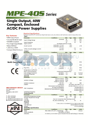 MPE-40S-05 datasheet - Single Output, 40W Compact, Enclosed AC/DC Power Supplies