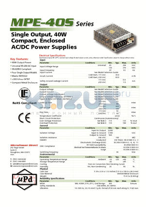 MPE-40S-15 datasheet - Single Output, 40W Compact, Enclosed AC/DC Power Supplies