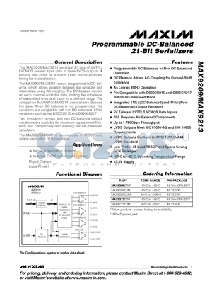 MAX9209ETM datasheet - Programmable DC-Balanced 21-Bit Serializers