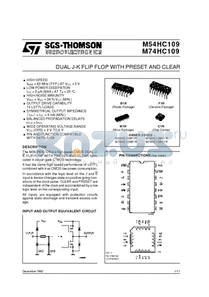 M54HC109 datasheet - DUAL J-K FLIP FLOP WITH PRESET AND CLEAR
