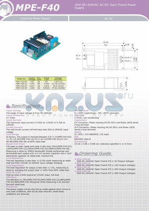 MPE-F40 datasheet - 40W 85~264VAC AC-DC Open Frame Power Supply