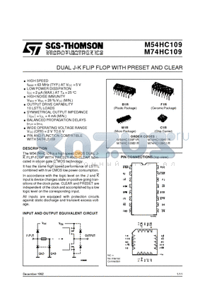 M54HC109F1R datasheet - DUAL J-K FLIP FLOP WITH PRESET AND CLEAR