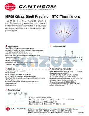 MF58 datasheet - MF58 Glass Shell Precision NTC Thermistors