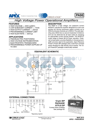 PA90 datasheet - High Voltage Power Operational Amplifiers