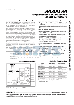 MAX9211ETM datasheet - Programmable DC-Balanced 21-Bit Serializers