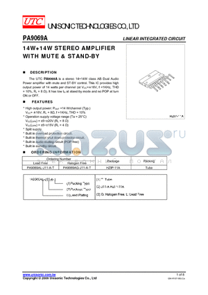 PA9069A datasheet - 14W14W STEREO AMPLIFIER WITH MUTE & STAND-BY