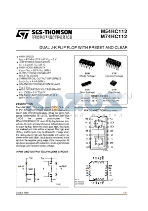 M54HC112 datasheet - DUAL J-K FLIP FLOP WITH PRESET AND CLEAR