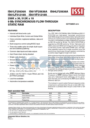 IS61LF51218A datasheet - 256K x 36, 512K x 18 9 Mb SYNCHRONOUS FLOW-THROUGH STATIC RAM