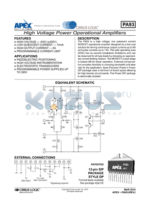PA93 datasheet - High Voltage Power Operational Amplifiers
