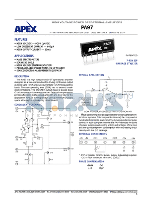 PA97 datasheet - HIGH VOLTAGE POWER OPERATIONAL AMPLIFIERS