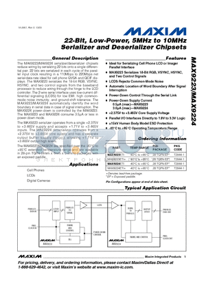MAX9224ETI+ datasheet - 22-Bit, Low-Power, 5MHz to 10MHz Serializer and Deserializer Chipsets