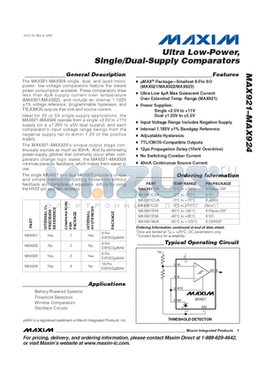 MAX922CPA datasheet - Ultra Low-Power, Single/Dual-Supply Comparators