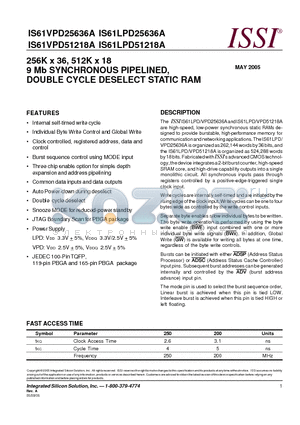 IS61LPD25636A-200B3I datasheet - 256K x 36, 512K x 18 9 Mb SYNCHRONOUS PIPELINED, DOUBLE CYCLE DESELECT STATIC RAM