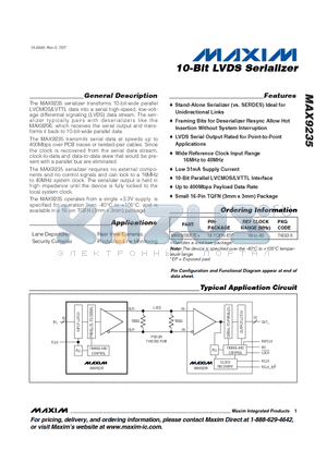 MAX9235ETE+ datasheet - 10-Bit LVDS Serializer