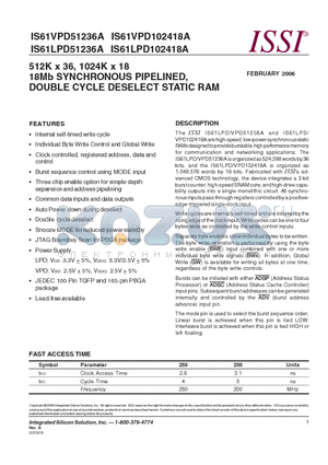 IS61LPD51236A-250TQI datasheet - 512K x 36, 1024K x 18 18Mb SYNCHRONOUS PIPELINED, DOUBLE CYCLE DESELECT STATIC RAM