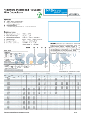 MPEM105J2ETR-7.5 datasheet - Miniature Metallized Polyester Film Capacitors